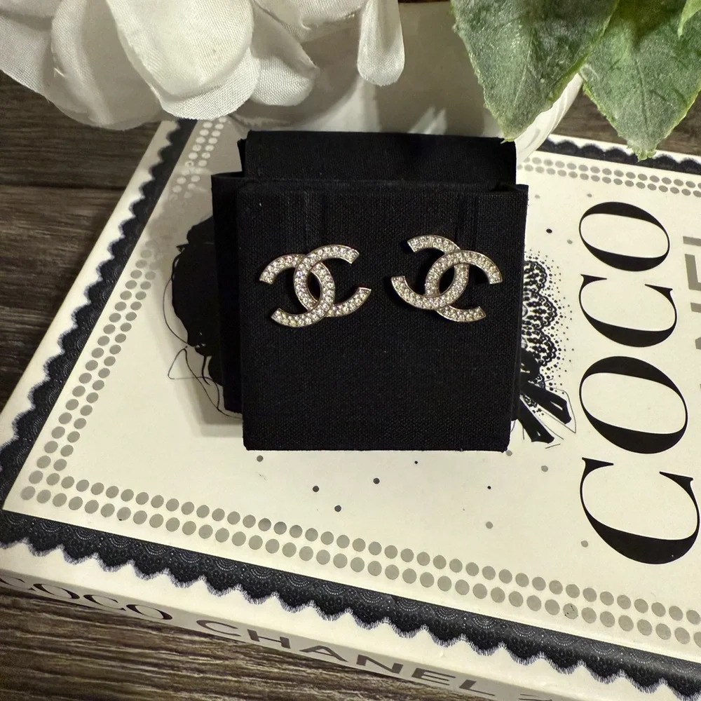 Chanel‎ Classic Silver Crystal CC Earrings
